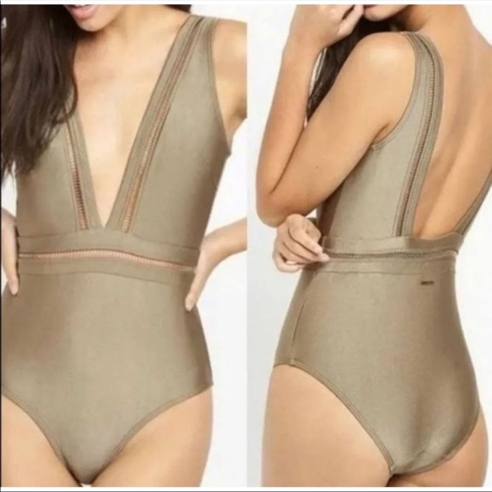 Ted Baker Khaki Starza Pointelle Deep V Swimsuit